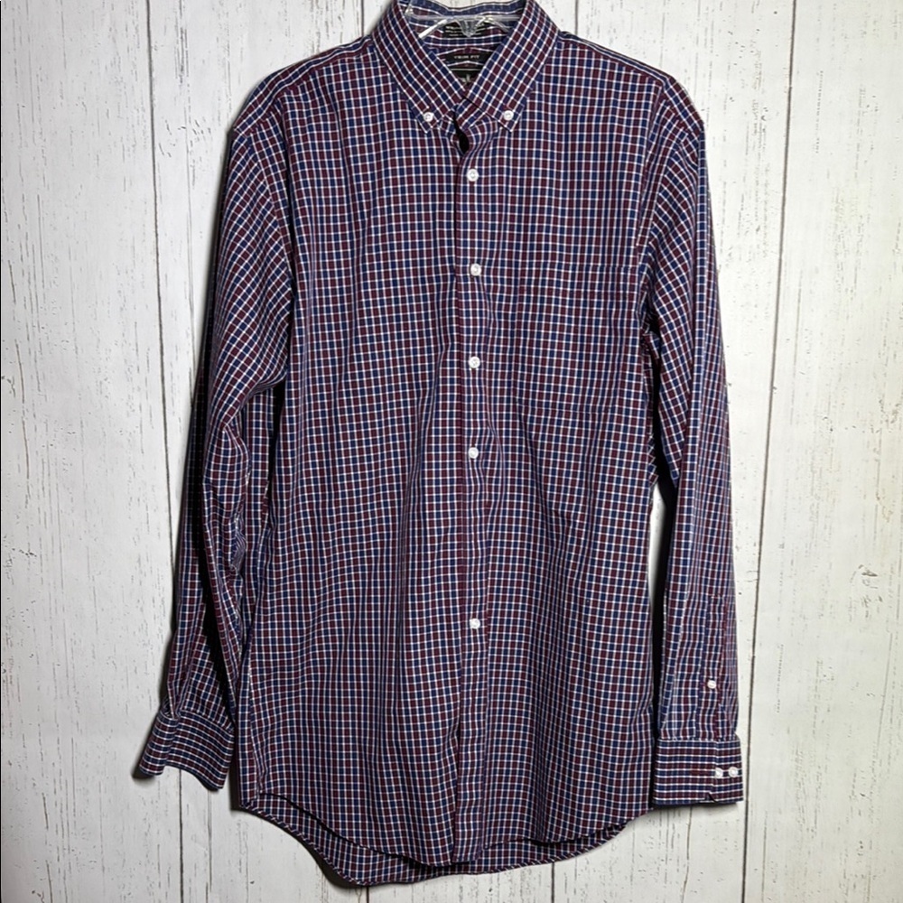 Neiman Marcus Red White Blue Trim Fit Collared Button Down Dress Shirt Neck 16